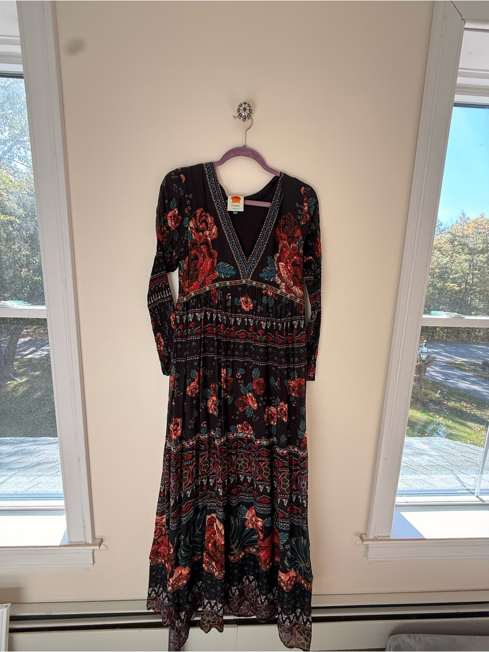 Farm Rio V-Neck Maxi Dress with puff sleeves and embroidery